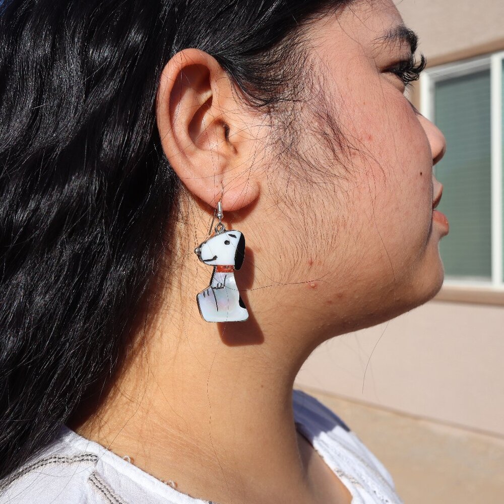 Handmade Zuni Inlay Large Snoopy Dog Dangle Earrings Sterling Silver Jewelry‎ ** - Picture 3 of 15